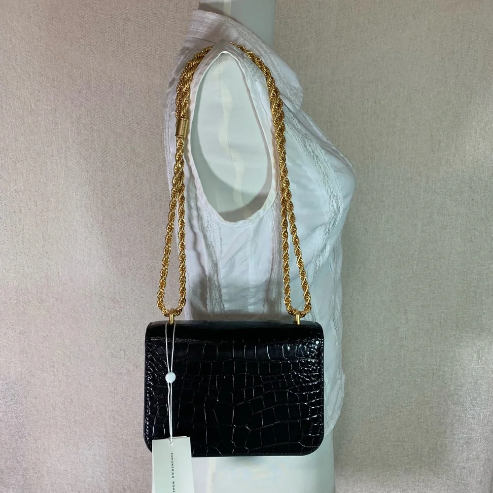 Tory Burch Black Croc-Embossed Mini Shoulder Bag with Gold Logo
